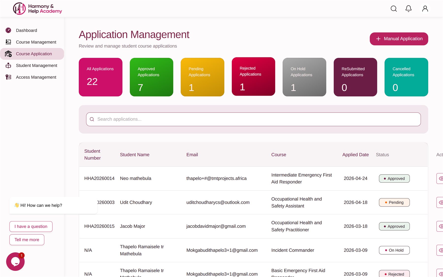 Harmony & Help Academy — application management